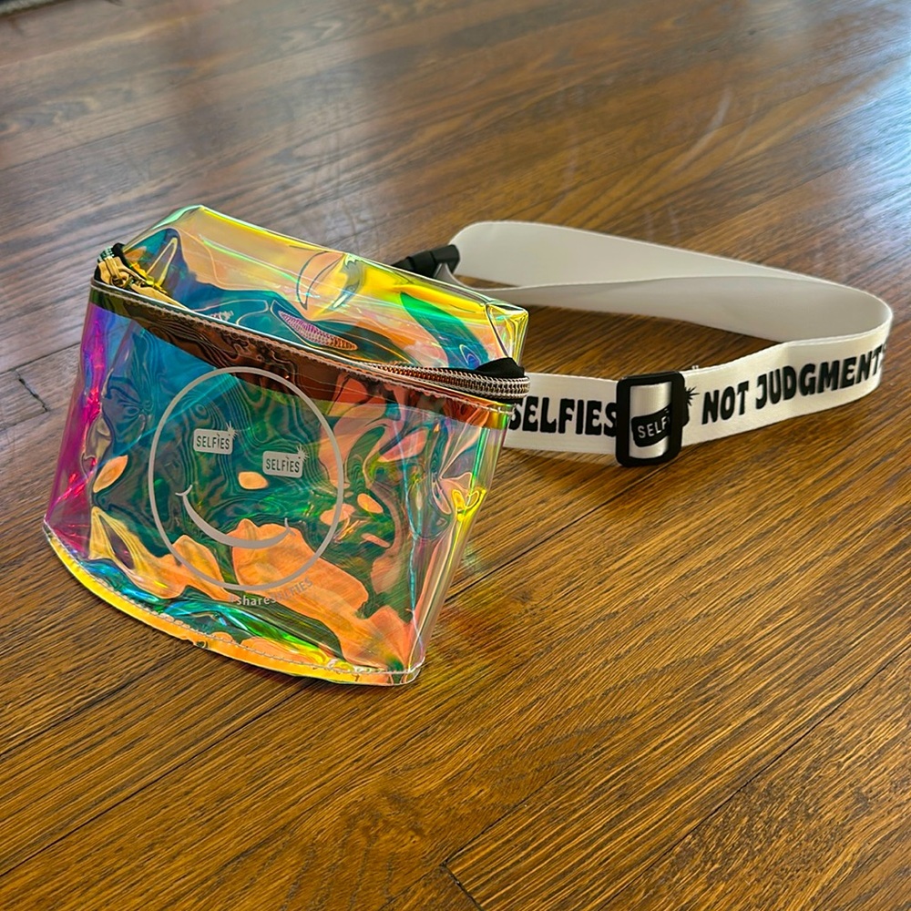 Clear iridescent plastic Fanny Pack with white logo strap